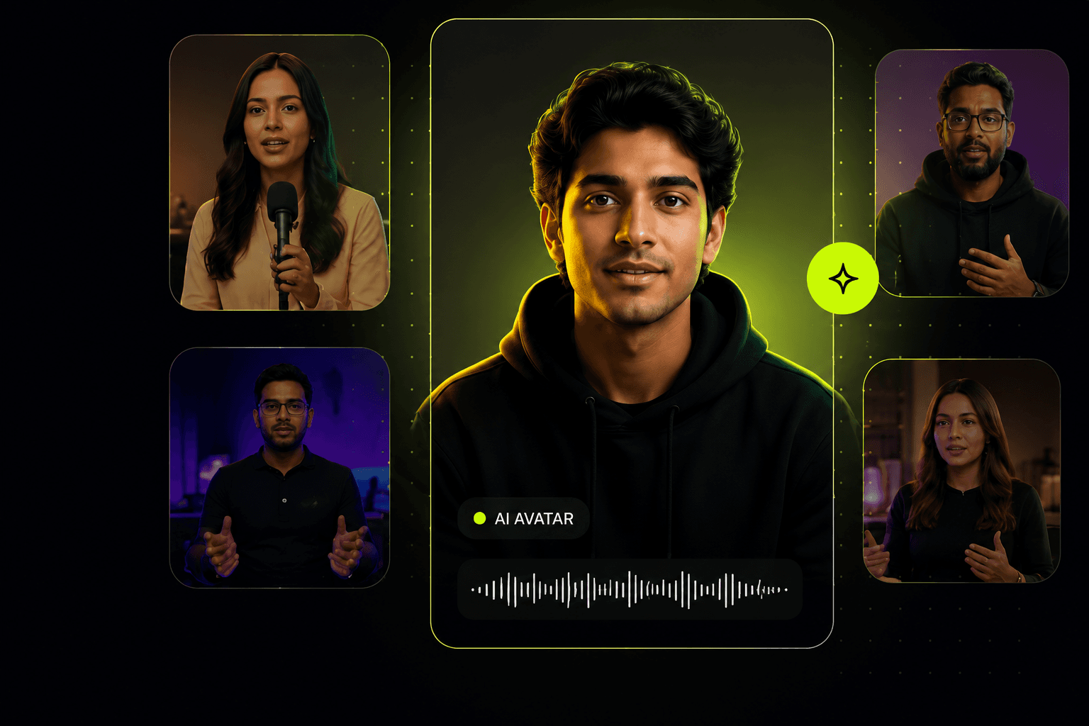 Newtflow AI avatars speaking to camera, with a live AI Avatar voice waveform